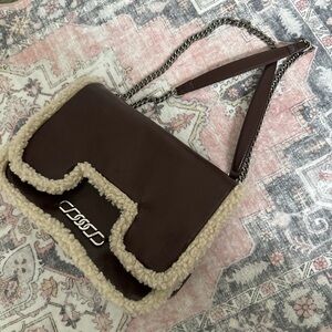 Elegant Brown Shearling Trim Shoulder Bag